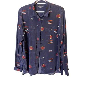 Pendleton Silk Button Down Shirt Aztec Rare Chief Joseph Navy Print Blouse Top M